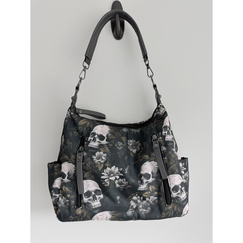 Skull Floral Print Shoulder Bag Medium Black Gothic Grunge Purse - Picture 2 of 9